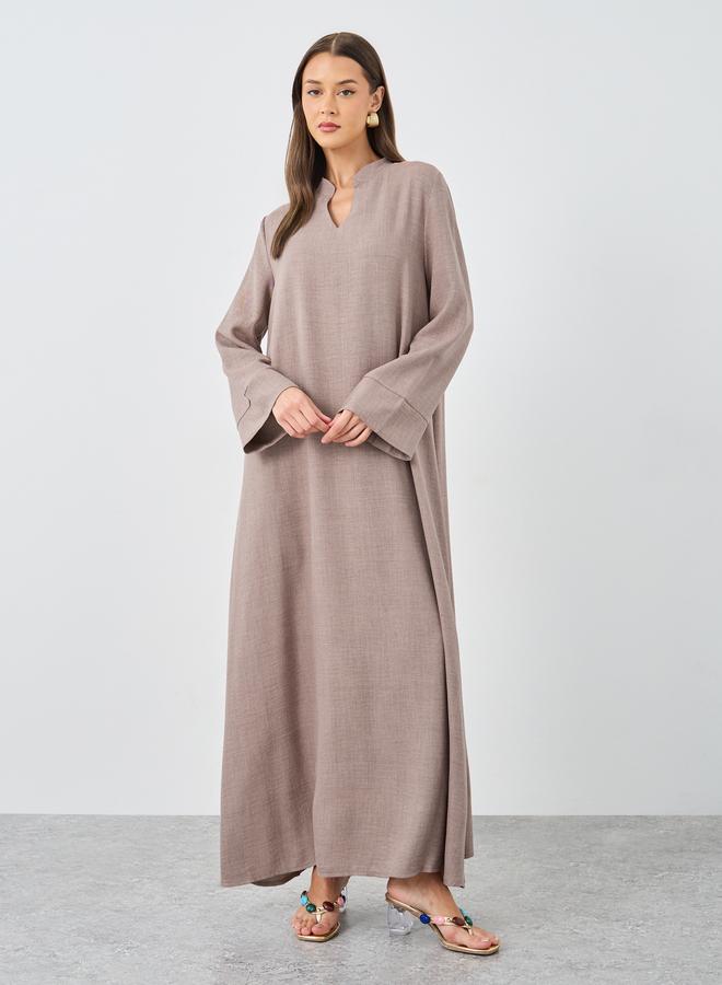 ستايلي جلابية نسائية بنية بياقة من قماش يشبه الكتان - Image 2