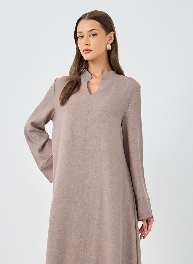 ستايلي جلابية نسائية بنية بياقة من قماش يشبه الكتان - Image 3