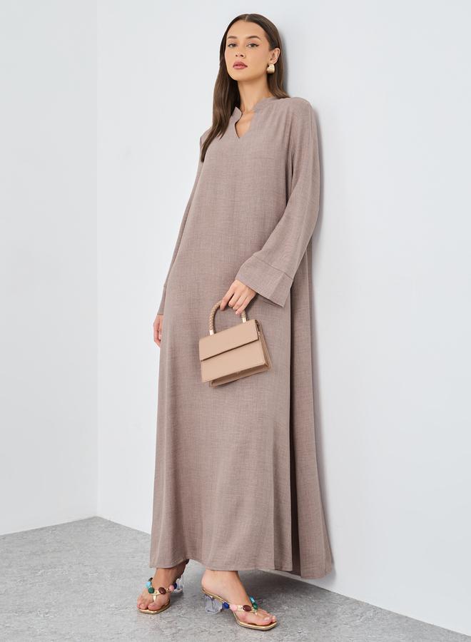 ستايلي جلابية نسائية بنية بياقة من قماش يشبه الكتان - Image 1