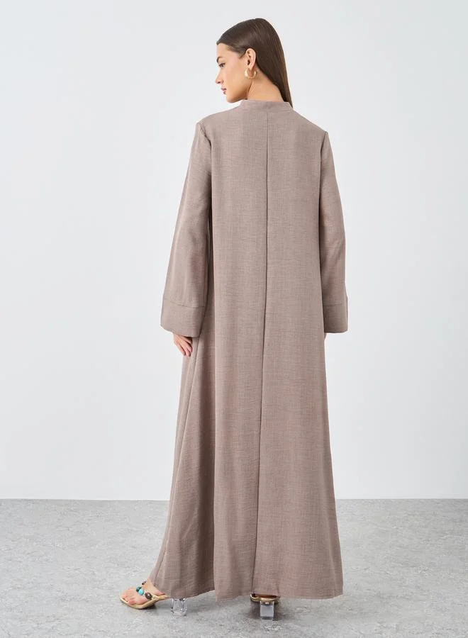 Styli Women Brown Linen Look Collared Jalabiya