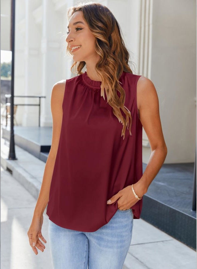 SimpleFun Womens Silk Satin Tank Tops Business Casual Ruffle Trim Mock Neck Sleeveless Summer Blouses Shirts, Wine Red, L - Image 3