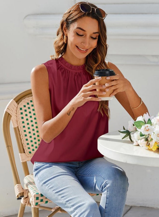 SimpleFun Womens Silk Satin Tank Tops Business Casual Ruffle Trim Mock Neck Sleeveless Summer Blouses Shirts, Wine Red, L - Image 4