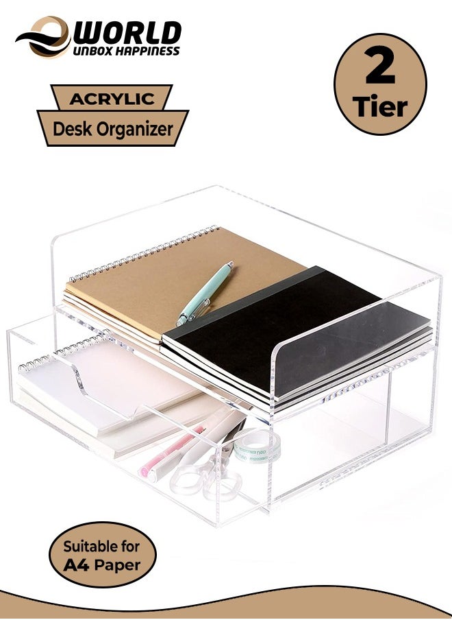 Eworld 2-Tier Acrylic Desk Organizer, Stylish and Transparent Solution with Rounded Edges, Effortlessly Enhance Vertical Storage with Stacking Paper Tray and Drawer for Letter/A4 Printer Paper, Magazines  - Image 1