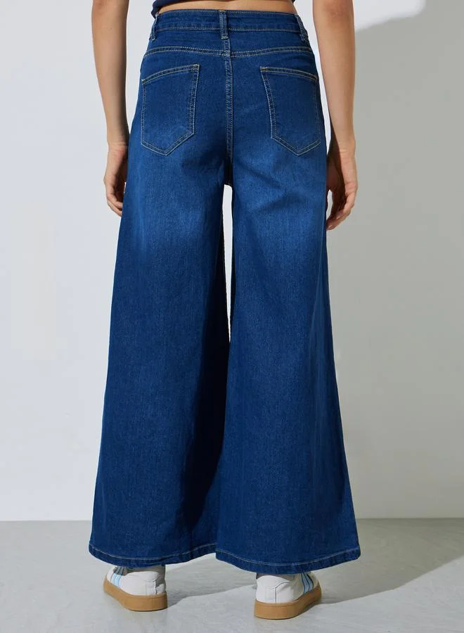 Styli  Medium Blue Mid-Rise Flared Leg Jeans for Women | Best Price UAE