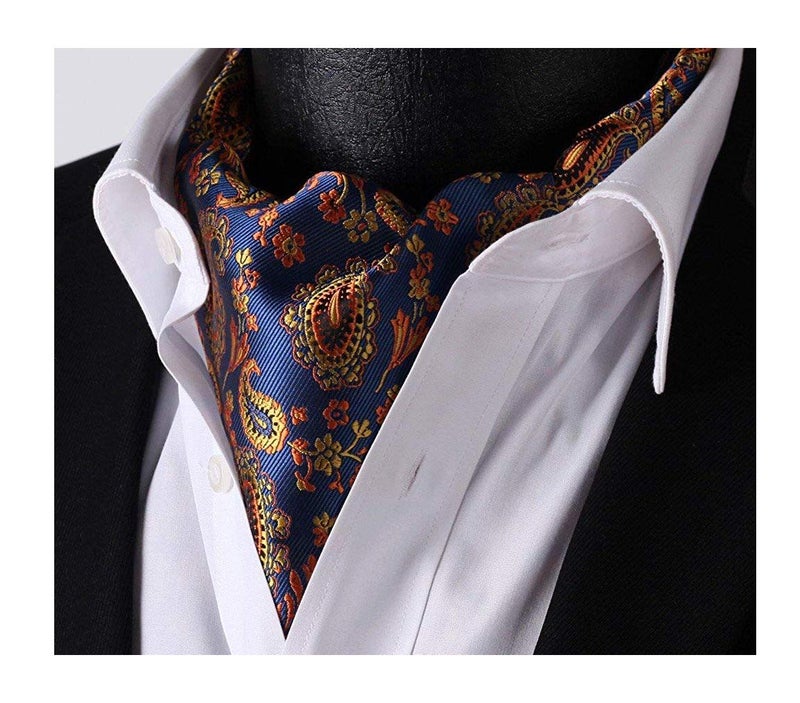 Elfeves Men's Blue Orange Floral 100% Silk Cravat Ties Jacquard Woven Ascot - Image 2
