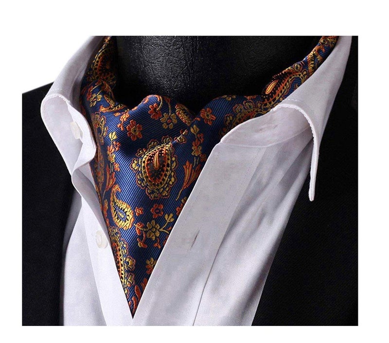 Elfeves Men's Blue Orange Floral 100% Silk Cravat Ties Jacquard Woven Ascot - Image 4