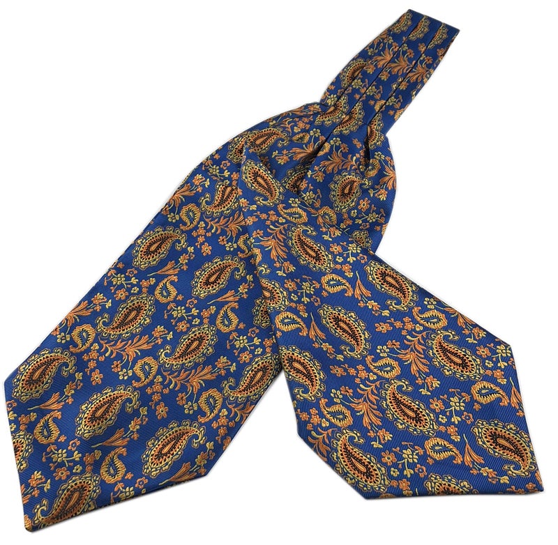 Elfeves Men's Blue Orange Floral 100% Silk Cravat Ties Jacquard Woven Ascot - Image 1
