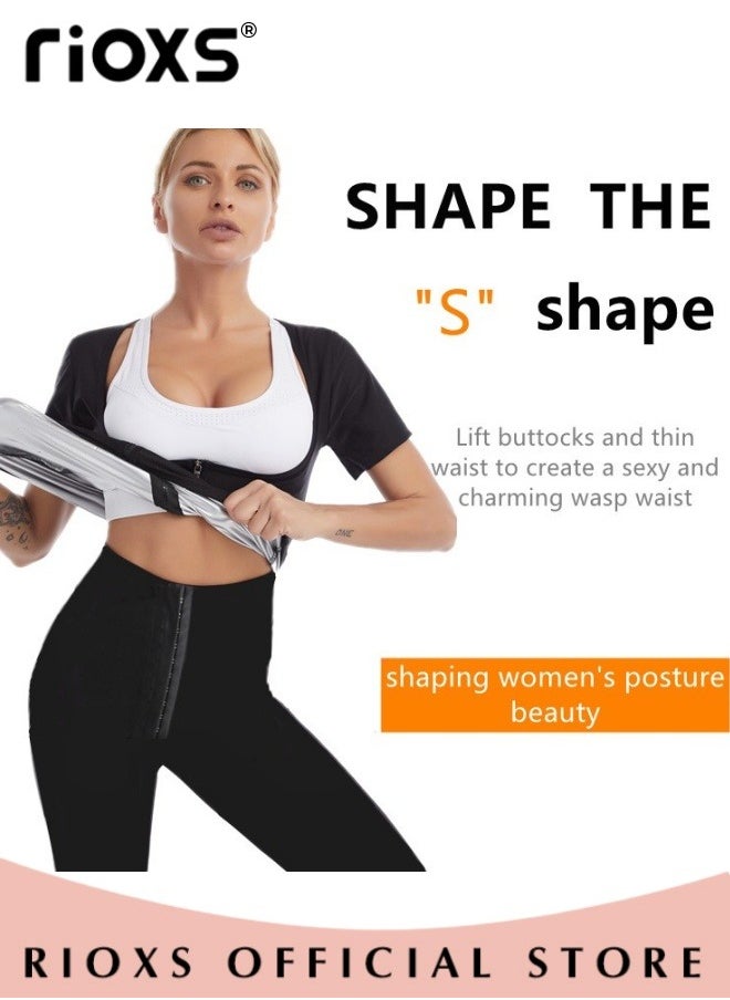 RIOXS Women Compression Shapewear Tops, Short Sleeve Hot Waist Trainer, Underbust Tummy Control Body Shaper, Underbust Corset with Zipper, Lightweight Comfortable Sweat Fitness Shirt, Sauna Effect Tops, Easy to Wear and Take Off  - Image 4