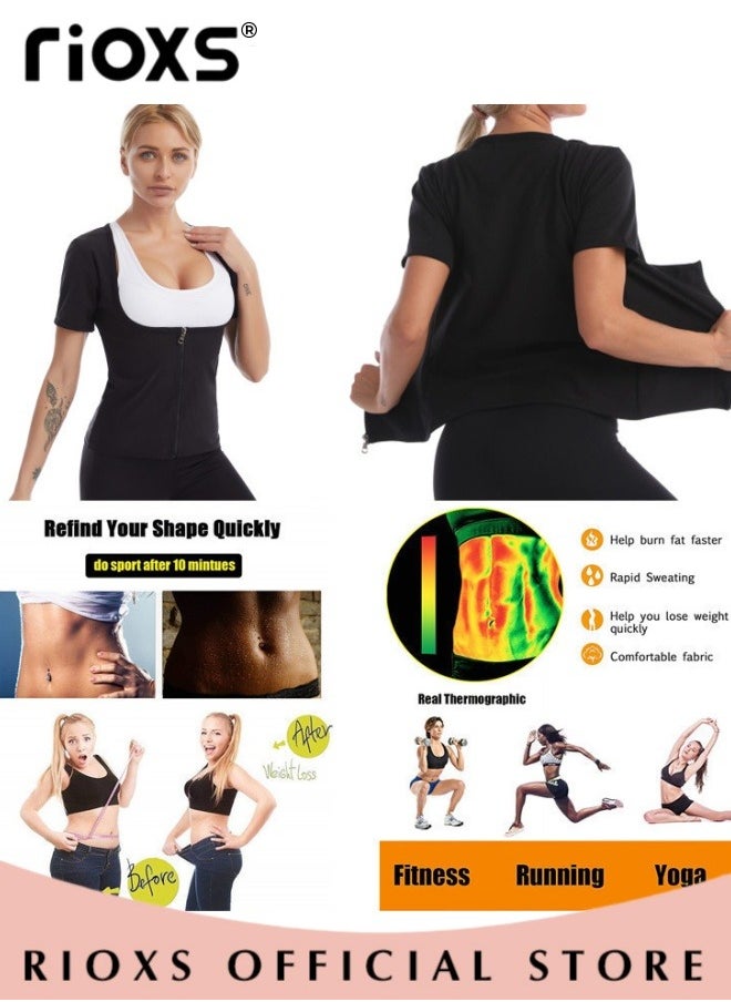 RIOXS Women Compression Shapewear Tops, Short Sleeve Hot Waist Trainer, Underbust Tummy Control Body Shaper, Underbust Corset with Zipper, Lightweight Comfortable Sweat Fitness Shirt, Sauna Effect Tops, Easy to Wear and Take Off  - Image 3