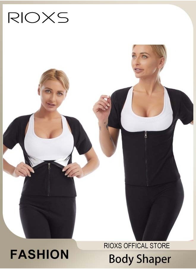 RIOXS Women Compression Shapewear Tops, Short Sleeve Hot Waist Trainer, Underbust Tummy Control Body Shaper, Underbust Corset with Zipper, Lightweight Comfortable Sweat Fitness Shirt, Sauna Effect Tops, Easy to Wear and Take Off  - Image 1