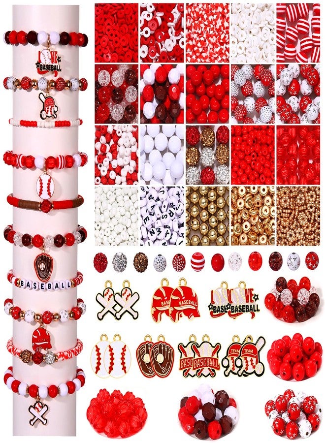 CEALXHENY 2400PCS+ Baseball Beads for Bracelet Making Clay Heishi Beads Crystal Pearl Letter Gold Spacer Bead Baseball Charms for Bracelet Necklace Making Game Day Party Favors DIY Crafts (Red White) - Image 1
