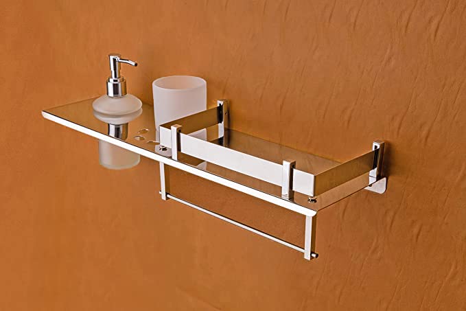GOSAI Stainless Steel Bathroom Shelf with Soap Dispenser Toothbrush Holder and Towel Ring Multipurpose Wall Shelves 18x5 inch - Image 4