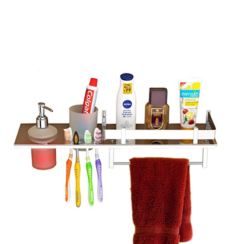 GOSAI Stainless Steel Bathroom Shelf with Soap Dispenser Toothbrush Holder and Towel Ring Multipurpose Wall Shelves 18x5 inch - Image 5