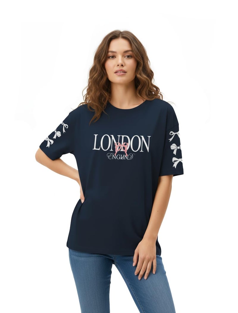 HELLCAT Bule Printed Oversized T-Shirt for Women_Blue_Small - Image 1