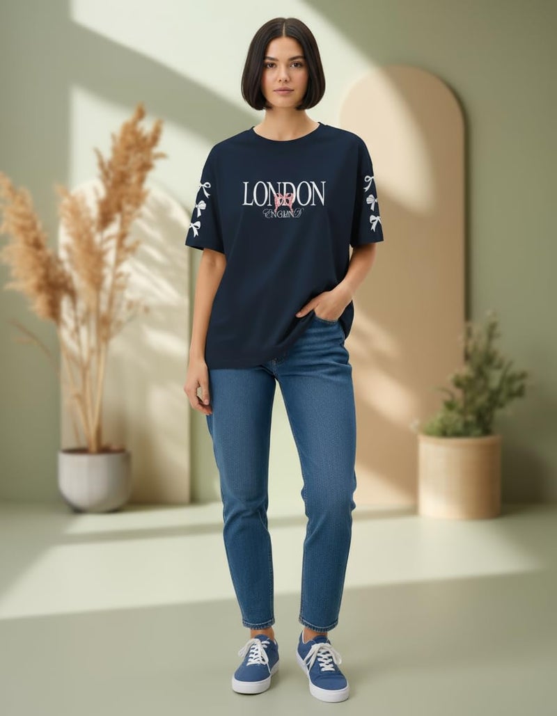 HELLCAT Bule Printed Oversized T-Shirt for Women_Blue_Small - Image 5