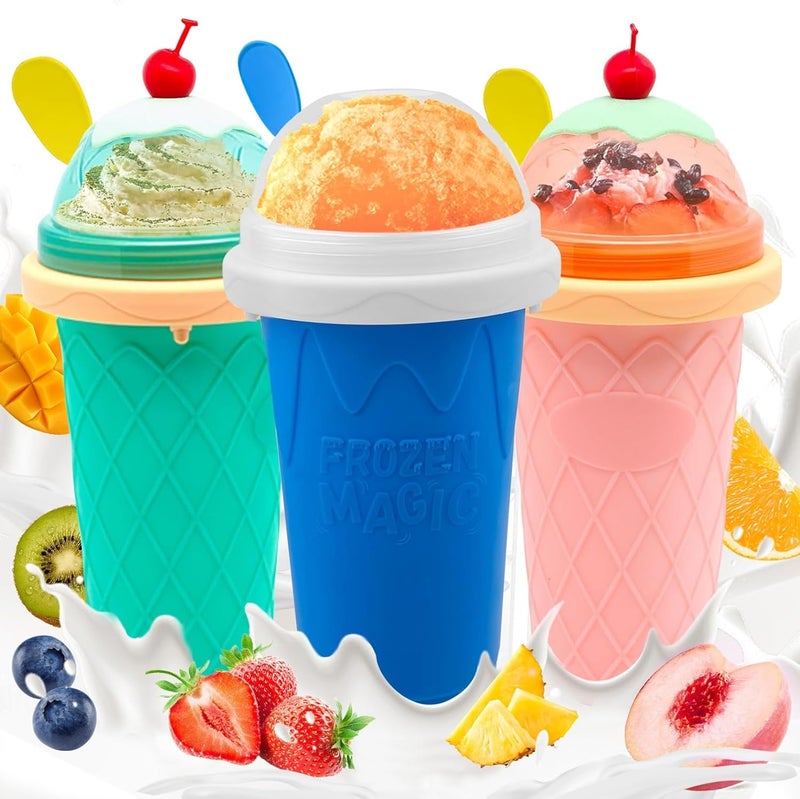 FANS-ONE Slushie Cup, 3 Pack Frozen Magic Slushy Cup, Reusable Slushy Maker Cup for Juice Ice Cream Milk Yogurt, DIY Smoothie Cups with Lid & Straw for Kids Friends Family (Blue+Pink+Green) - Image 1