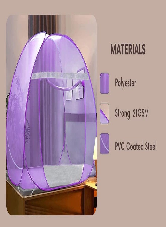 CLONEZO Mosquito Net for Double Bed King Size with a Mobile Pocket Foldable Machardani Polyester 30GSM Strong Net PVC Coated Corrosion Resistant Steel Wire Color Full Pulple - Image 4