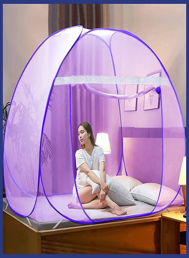 CLONEZO Mosquito Net for Double Bed King Size with a Mobile Pocket Foldable Machardani Polyester 30GSM Strong Net PVC Coated Corrosion Resistant Steel Wire Color Full Pulple - Image 1
