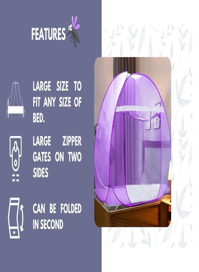 CLONEZO Mosquito Net for Double Bed King Size with a Mobile Pocket Foldable Machardani Polyester 30GSM Strong Net PVC Coated Corrosion Resistant Steel Wire Color Full Pulple - Image 3