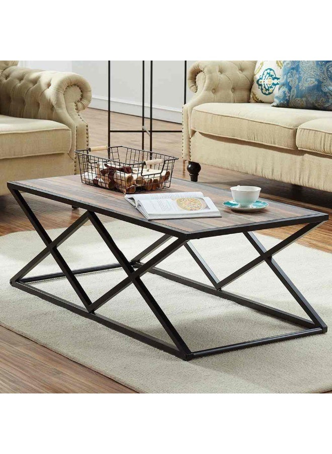 Coffee table made of steel and MDF wood, brown and black. Color: brown and black. Height (cm): 50. Width (cm): 60. Length (cm): 100. Depth (cm): 58. Primary material: steel and MDF wood. Country of origin: Egypt.