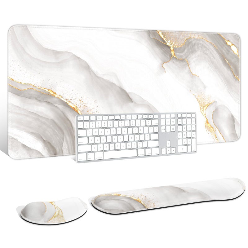 Auhoahsil Large Mouse Pad with Wrist Rests for Keyboard Mouse Thick Soft Ergonomic Memory Foam Wrist Supports Big Long Desk Mat 355 x 157 in for Office Gaming Computer White Gold Marble