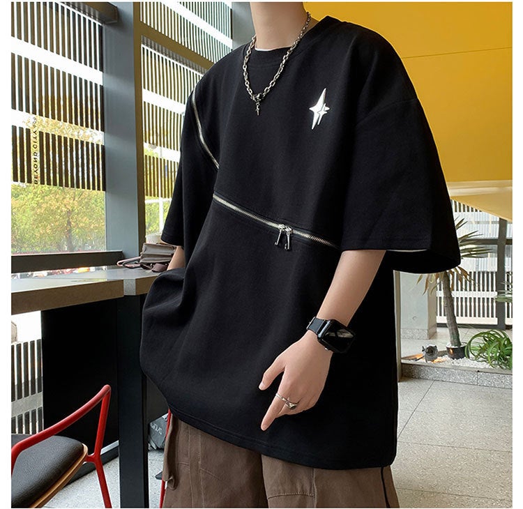 2023 Summer Zipper Short-Sleeved T-Shirt Men'S Round Neck Casual All-Match Trendy Brand Japanese Style High Street Sports Half-Sleeved T-Shirt - Image 1