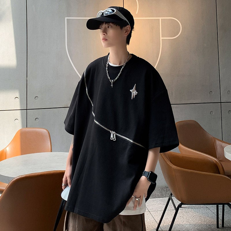 2023 Summer Zipper Short-Sleeved T-Shirt Men'S Round Neck Casual All-Match Trendy Brand Japanese Style High Street Sports Half-Sleeved T-Shirt - Image 5