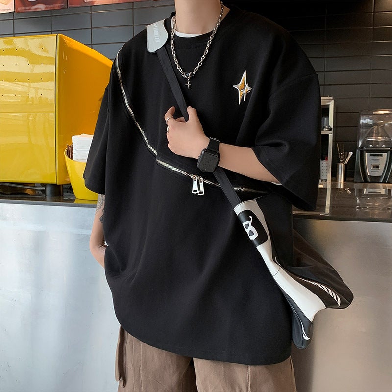 2023 Summer Zipper Short-Sleeved T-Shirt Men'S Round Neck Casual All-Match Trendy Brand Japanese Style High Street Sports Half-Sleeved T-Shirt - Image 3
