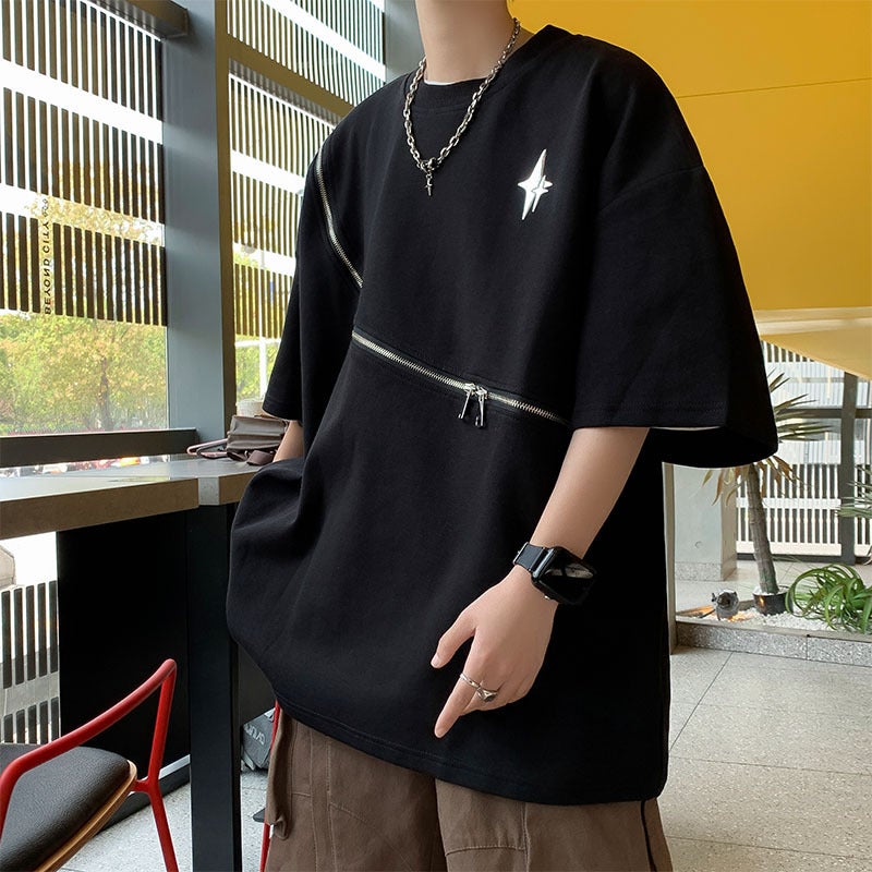 2023 Summer Zipper Short-Sleeved T-Shirt Men'S Round Neck Casual All-Match Trendy Brand Japanese Style High Street Sports Half-Sleeved T-Shirt - Image 2
