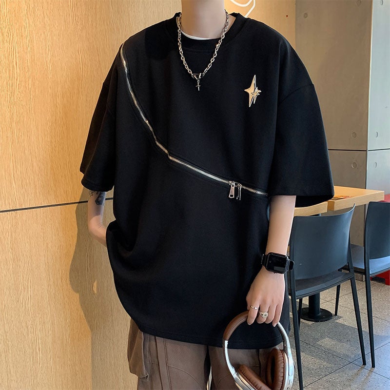 2023 Summer Zipper Short-Sleeved T-Shirt Men'S Round Neck Casual All-Match Trendy Brand Japanese Style High Street Sports Half-Sleeved T-Shirt - Image 4