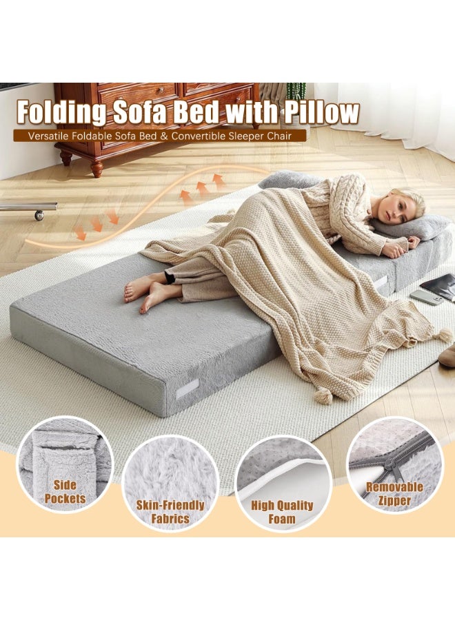 YSOAE Portable Comfy Folding Sofa Bed, Fold Out Sleeper Couch with Back Support,  Futon Mattress for Travel & Camping, Floor Lounger Chair Bed for Living Room, Guest Room, Dorm, Apartment, Light Grey - Image 2