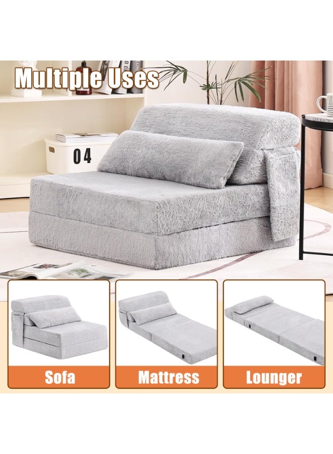 YSOAE Portable Comfy Folding Sofa Bed, Fold Out Sleeper Couch with Back Support,  Futon Mattress for Travel & Camping, Floor Lounger Chair Bed for Living Room, Guest Room, Dorm, Apartment, Light Grey - Image 3