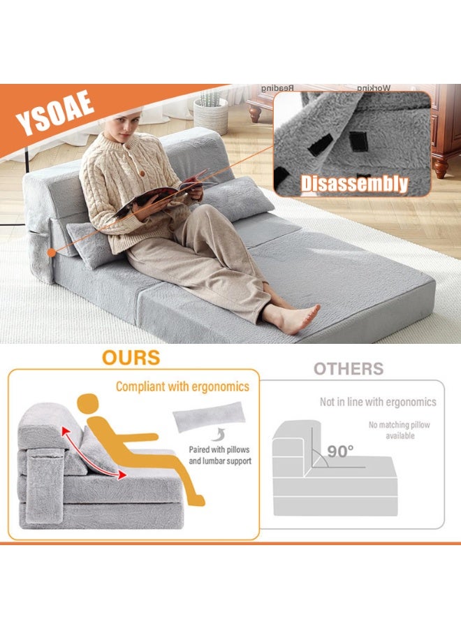 YSOAE Portable Comfy Folding Sofa Bed, Fold Out Sleeper Couch with Back Support,  Futon Mattress for Travel & Camping, Floor Lounger Chair Bed for Living Room, Guest Room, Dorm, Apartment, Light Grey - Image 5