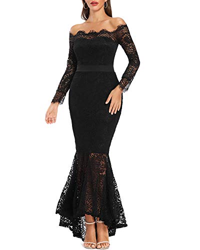 LALAGEN Women's Floral Lace Long Sleeve Off Shoulder Wedding Mermaid Dress Eyelash L Black - Image 1