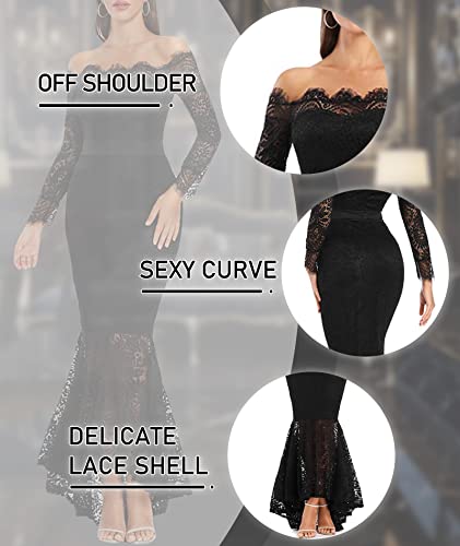 LALAGEN Women's Floral Lace Long Sleeve Off Shoulder Wedding Mermaid Dress Eyelash L Black - Image 5