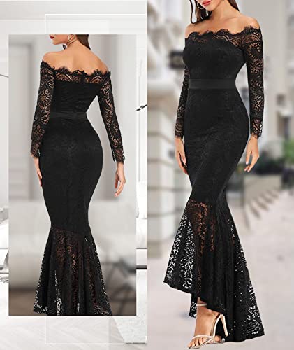 LALAGEN Women's Floral Lace Long Sleeve Off Shoulder Wedding Mermaid Dress Eyelash L Black - Image 4