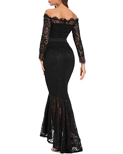 LALAGEN Women's Floral Lace Long Sleeve Off Shoulder Wedding Mermaid Dress Eyelash L Black - Image 2