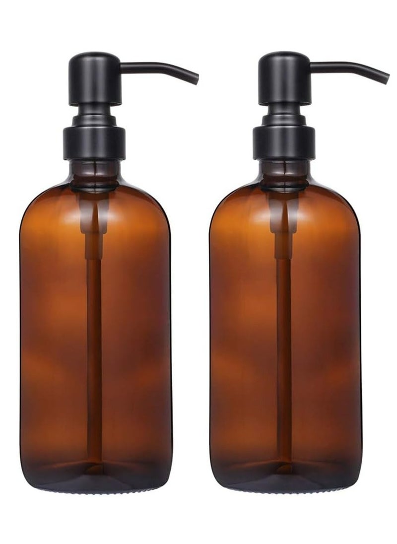 Oasisgalore 2 Pack Thick Amber Glass Pint Jar Soap Dispenser,16ounce Boston Round Bottles Dispenser for Lotion Soap  - Image 1