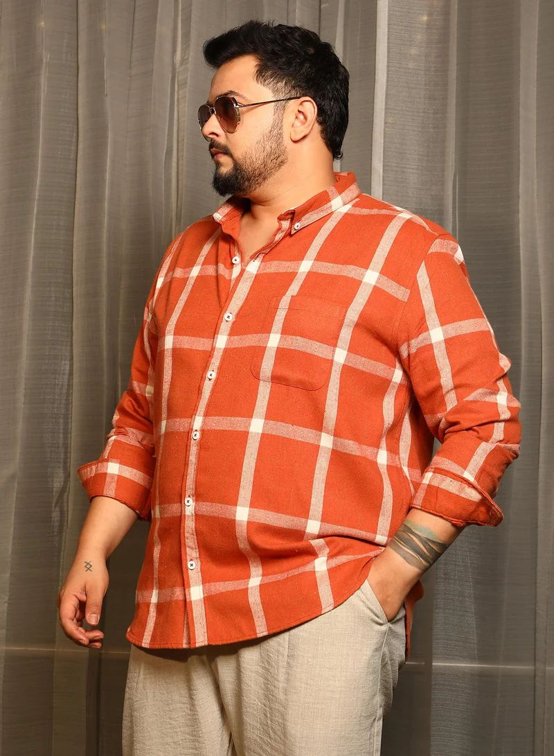 Instafab Plus Instafab Plus Men's Safety Orange Shepherd-Check Regular Shirt For Casual Wear | Spread Collar | Long Cuffed Sleeves | Button Closure | Plus Size Shirt Crafted With Comfort Fit For Everyday Wear