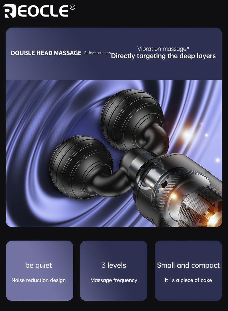 REOCLE Dual-Head Massage Gun Deep Tissue Muscle Massager for Pain Relief 3-Speed Adjustable Long-Lasting Battery Professional Recovery Tool Suitable for Athletes and Daily Use - Image 3