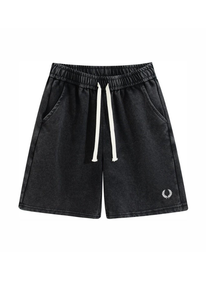Fred Perry's ears of wheat are washed with water to make old sports shorts for men and women, and the same loose casual straight five-point pants, heavy cotton 300 grams. - Image 2