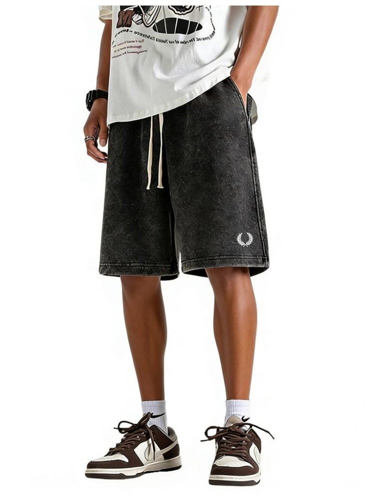Fred Perry's ears of wheat are washed with water to make old sports shorts for men and women, and the same loose casual straight five-point pants, heavy cotton 300 grams. - Image 1