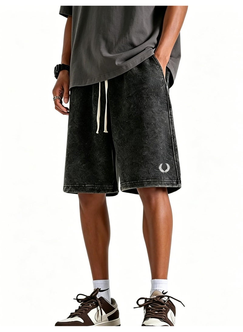 Fred Perry's ears of wheat are washed with water to make old sports shorts for men and women, and the same loose casual straight five-point pants, heavy cotton 300 grams. - Image 4