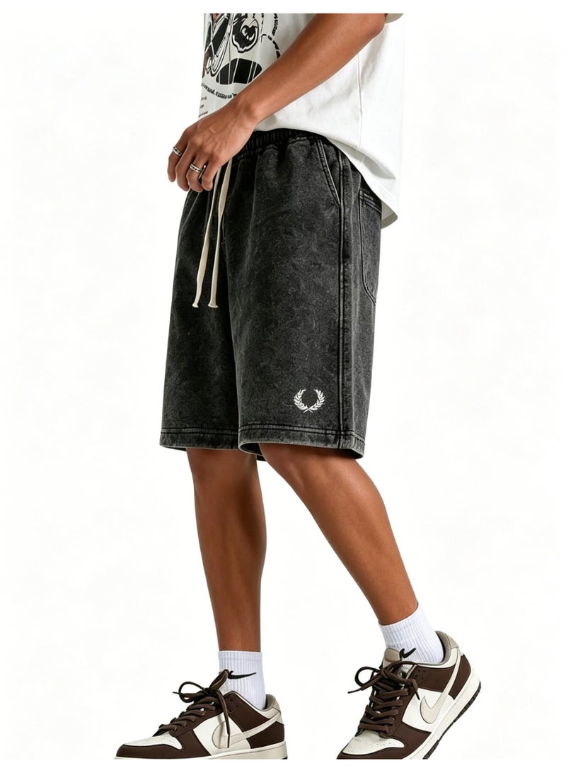 Fred Perry's ears of wheat are washed with water to make old sports shorts for men and women, and the same loose casual straight five-point pants, heavy cotton 300 grams. - Image 5