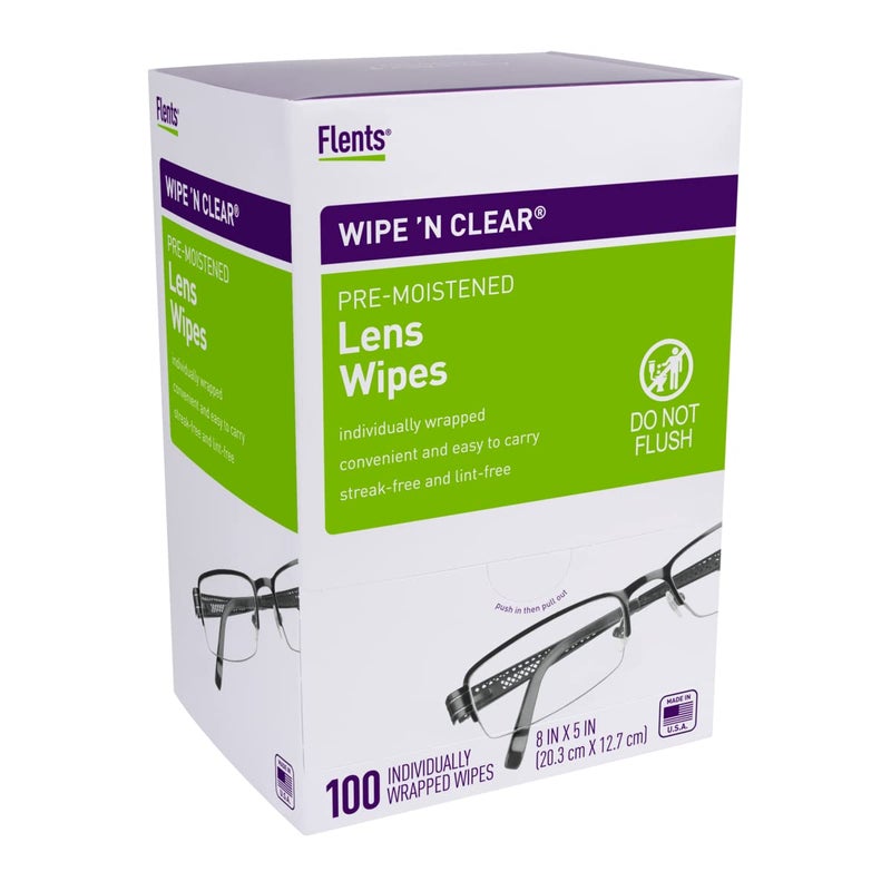 Flents Flents Lens Wipes Wipe N Clear 100 Count PreMoistened StreakFree Safe for Glasses Sunglasses AntiFog Gentle Cleaning Clear Vision Individually Wrapped for Travel Convenience