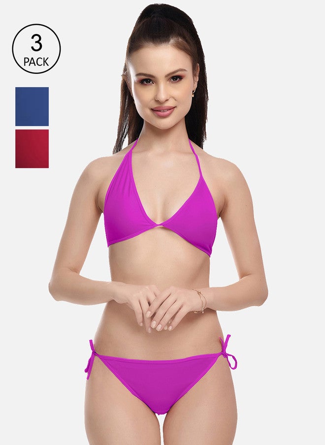 FIMS Women Pack of 3 Solid Bikini Sets in Violet, Navy Blue, and Maroon - Image 1
