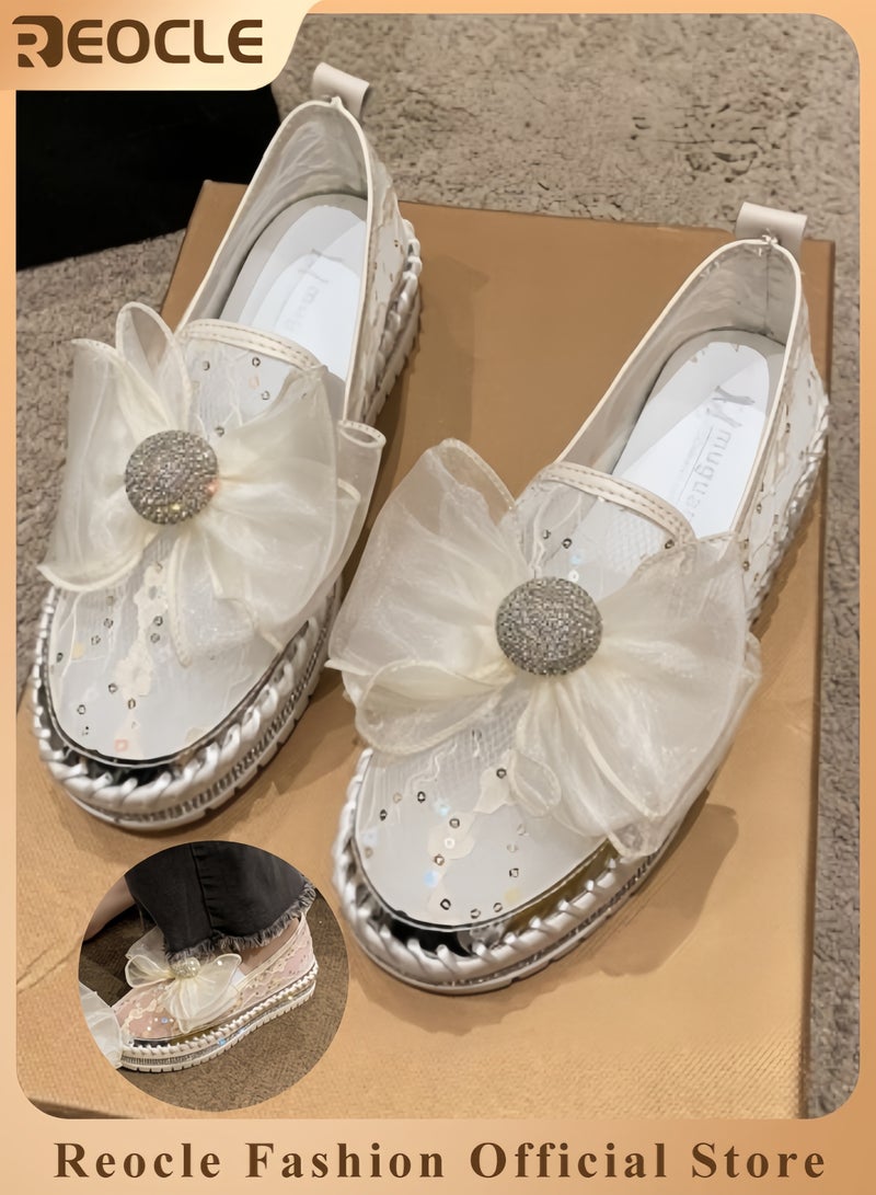 REOCLE Women's Loafers Glitter Bow Mesh Platform Shoes Rhinestones Shoes Breathable Mesh Shoes Casual Walking Shoes Soft Lightweight Shoes for Daily Wear - Image 1
