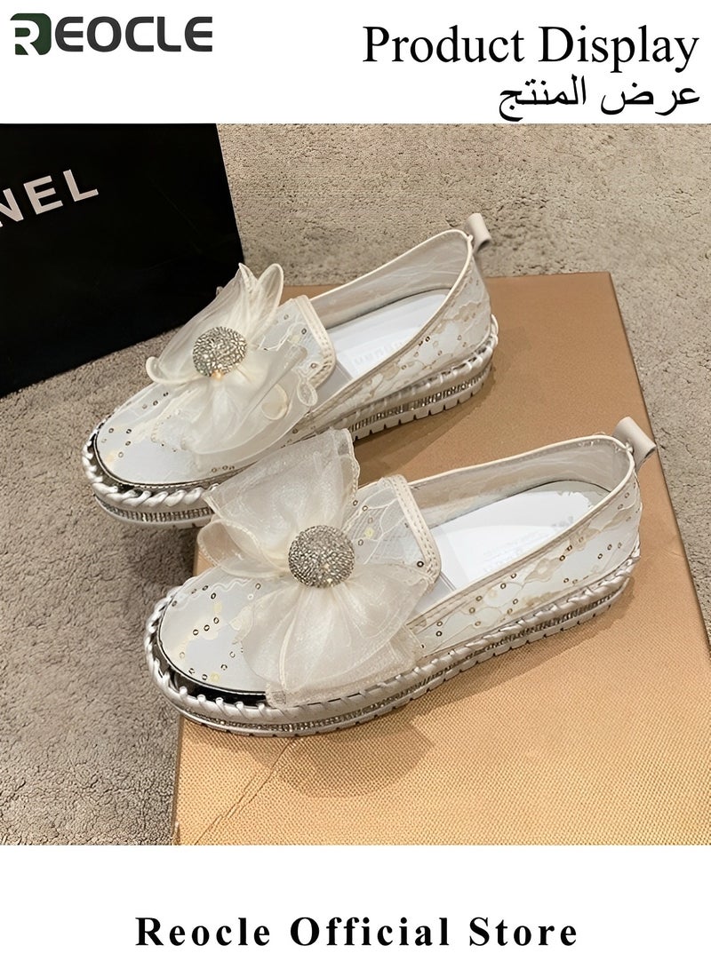 REOCLE Women's Loafers Glitter Bow Mesh Platform Shoes Rhinestones Shoes Breathable Mesh Shoes Casual Walking Shoes Soft Lightweight Shoes for Daily Wear - Image 2
