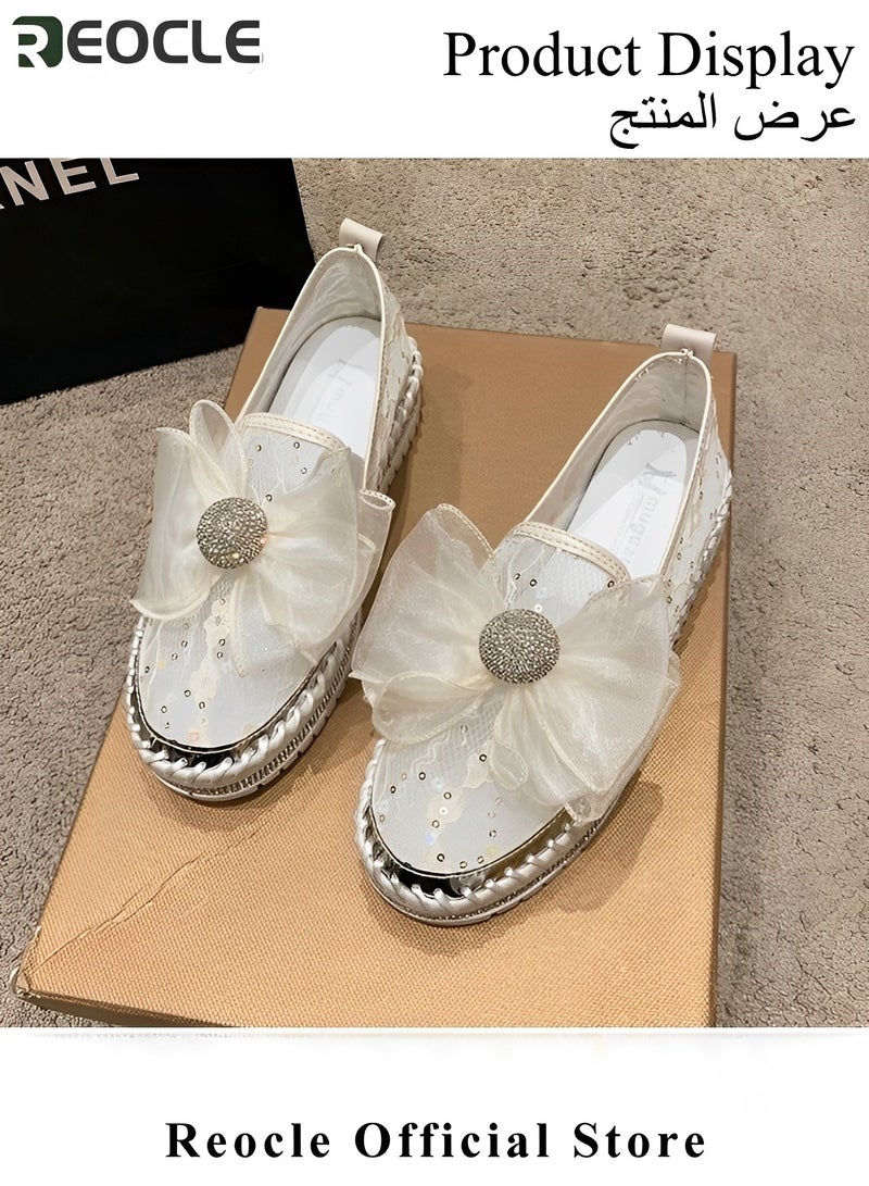 REOCLE Women's Loafers Glitter Bow Mesh Platform Shoes Rhinestones Shoes Breathable Mesh Shoes Casual Walking Shoes Soft Lightweight Shoes for Daily Wear - Image 3