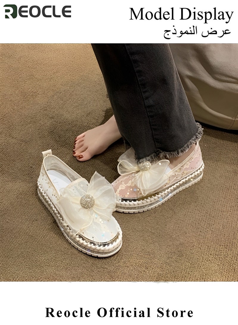 REOCLE Women's Loafers Glitter Bow Mesh Platform Shoes Rhinestones Shoes Breathable Mesh Shoes Casual Walking Shoes Soft Lightweight Shoes for Daily Wear - Image 4